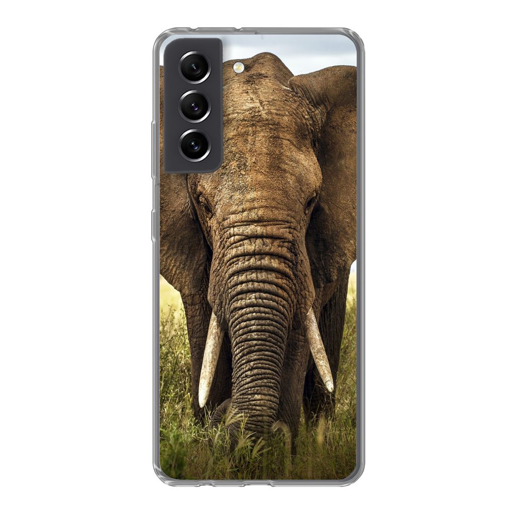 MuchoWow Handyhülle Schutzhülle Hülle für Samsung Galaxy S21 FE Elefant - Gras - Tiere - Natur Silikon Softcase Handy Hülle - Mobiltelefonh...