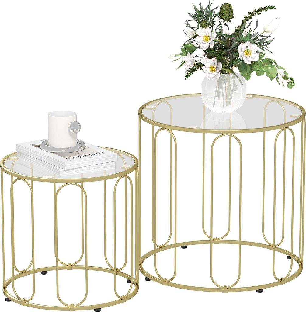 HOMCOM 2er-Set stapelbare Couchtische, moderne runde Beistelltische mit Metallgestell und Tischplatte aus gehärtetem Glas, für Wohn- und Schlafzi...