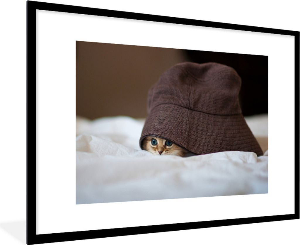 MuchoWow Gerahmtes Poster Ein persisches Kätzchen unter einem Hut versteckt 90x60 cm - Poster mit Schwarzem Bilderrahmen Wandposter Rahmen Foto ...