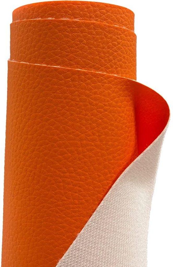 Feloranje gekorreld imitatieleer structuurleer stof, 200 cm x 140 cm, verkocht per meter.