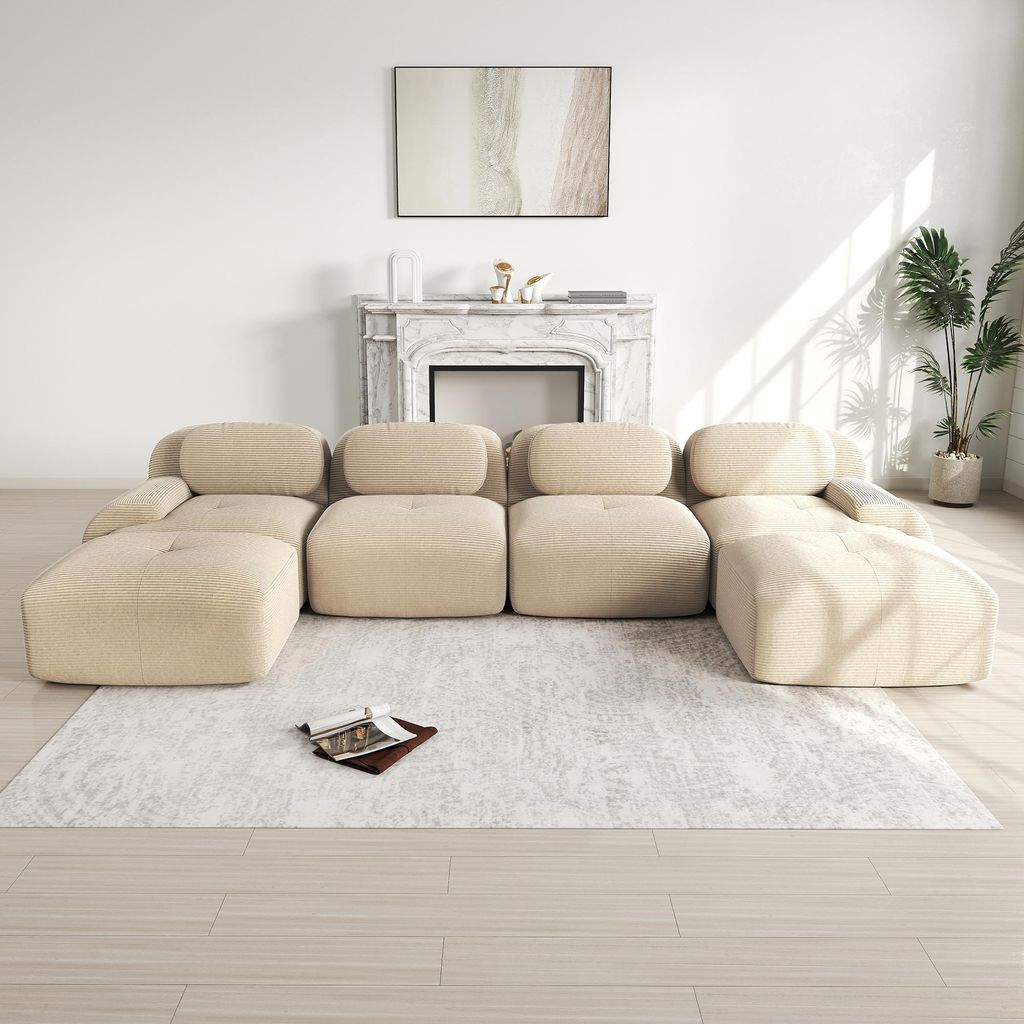 Rahmenloses Sofa, Modulares 4-Sitzer-Ecksofa, aus Cord, 32D-Sitzfläche, U-förmige Polstergarnitur für das Wohnzimmer, keine Montage erforderlich