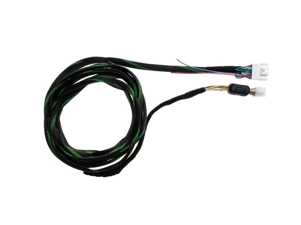 A coiled black and green cable with white and gray connectors on a white background.