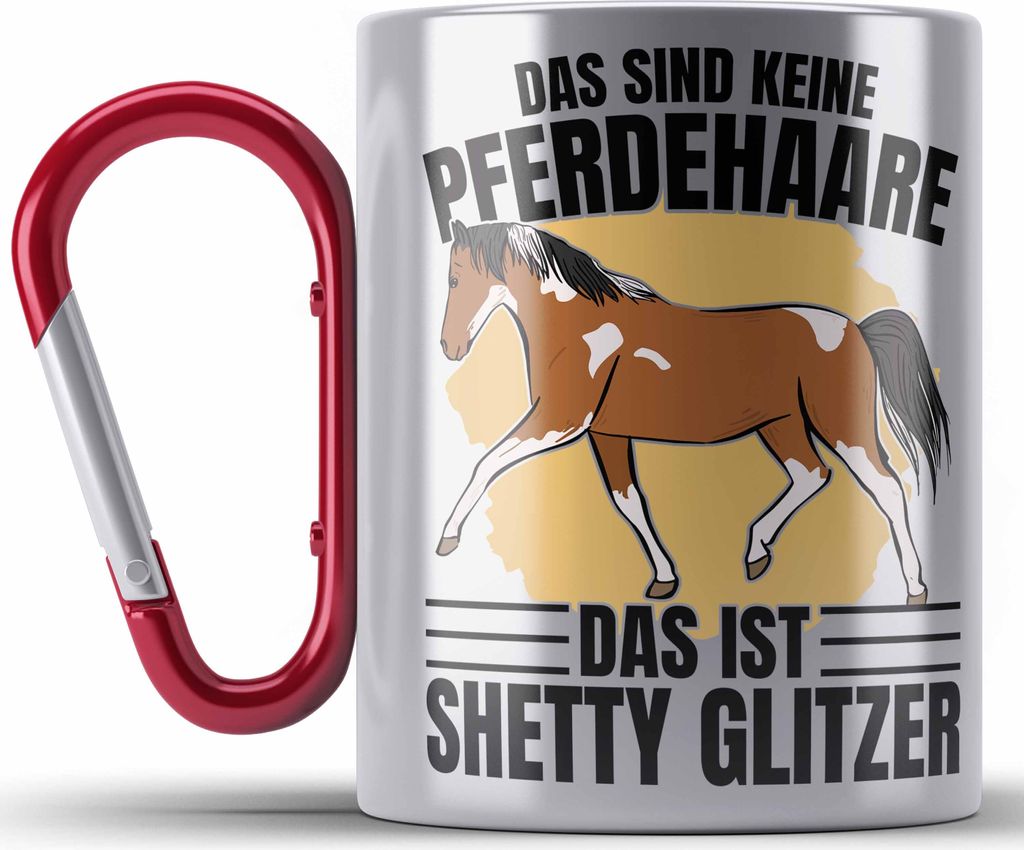 Trendation - Lustige Reiter Sprüche Geschenk Edelstahl Tasse Karabiner Reiterin Pferde Mädchen Geschenkidee Pferde Grafik Shetty Glitzer (Rot)