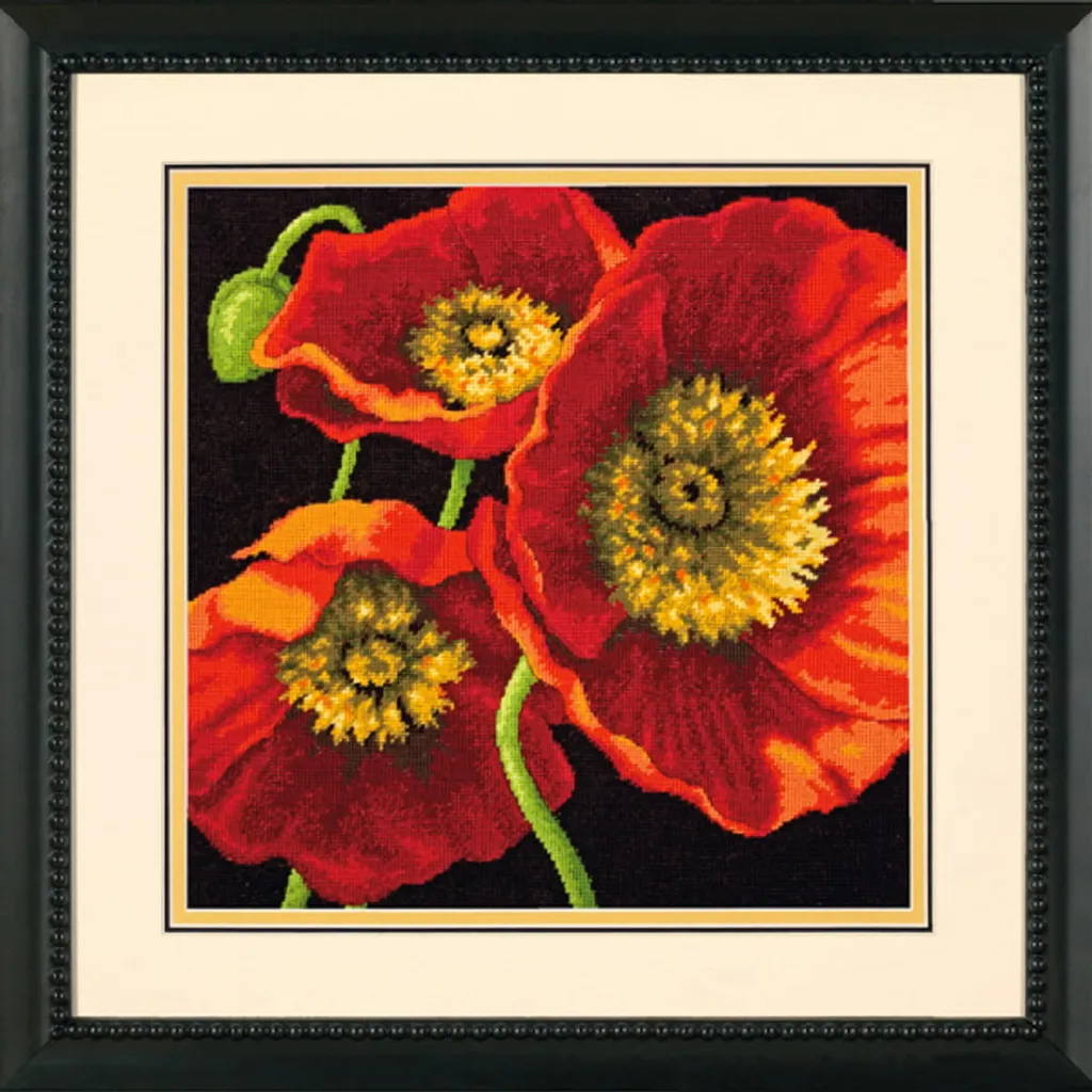 Coussin à Broder DIY Fleurs Rouges Déco Salon Kit Canevas Gobelin