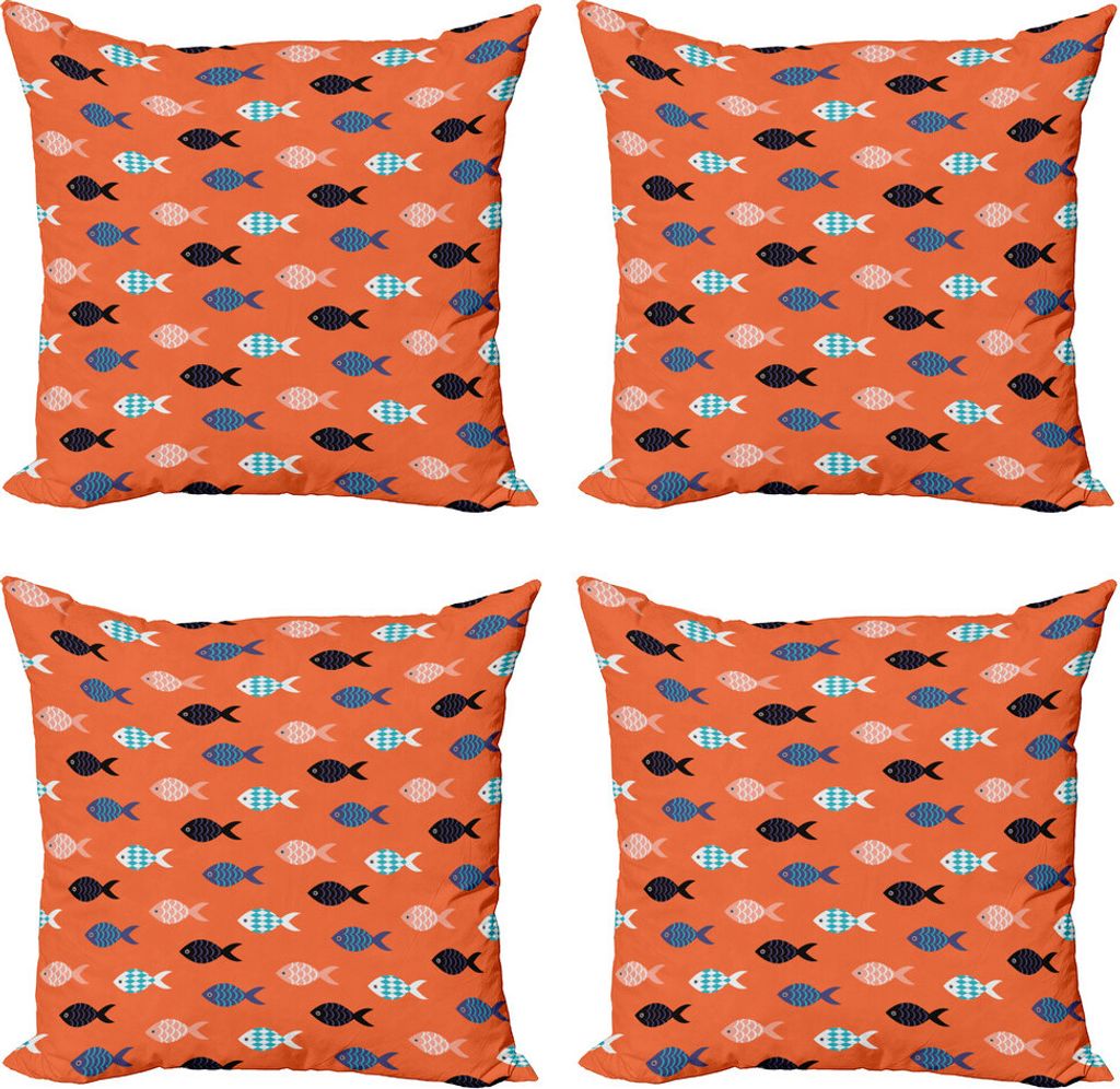 ABAKUHAUS Pfirsich Kissenbezug Set (4 Stück), Bunte Fischschwarm, Moderner Doppelseitiger Digitaldruck, 40 cm x 40 cm, Persisch Blau Salmon Teal