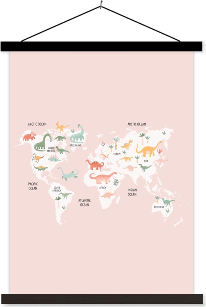 MuchoWow Textilposter Karte - Kinder - Dino 90x120 cm mit schwarzem Rahmen - Dekoration