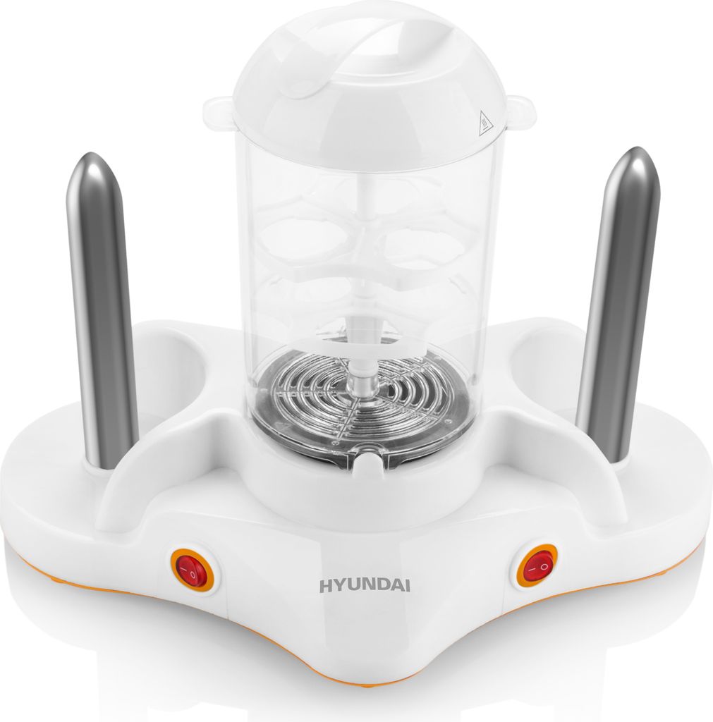 A white Hyundai hotdog maker with a clear plastic chamber and silver skewers.