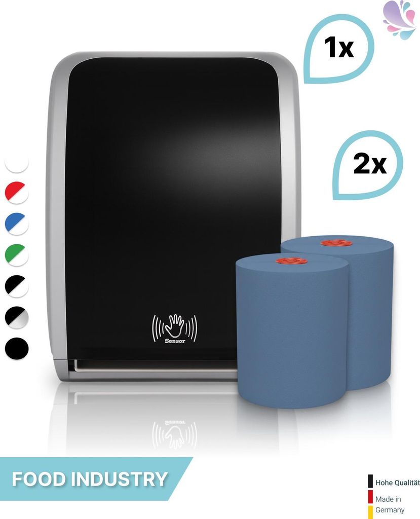 SET: Handtuchrollenspender SENSOR, berührungslos, Blanc Cosmos verschied. Farben + 2 Handtuchrollen Classico BLAU - PRODUKTSET : Farbe - Silber / ...