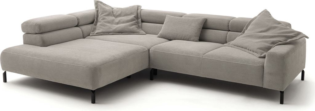 KAWOLA Sofa DELIA Ecksofa Cord steingrau mit motorischem Sitzvorzug Recamiere links