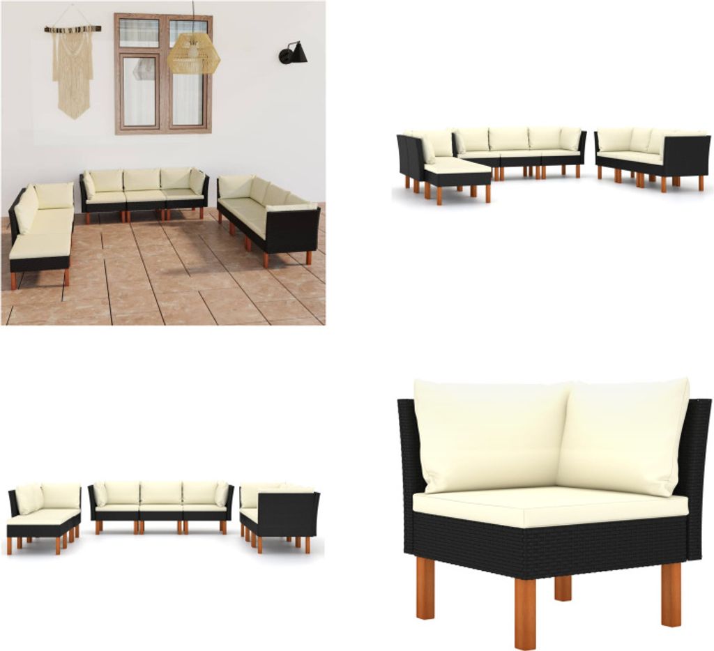 vidaXL 9 tlg. Garten Lounge Set mit Kissen Poly Rattan Schwarz - Garten-Sofa-Set - Garten-Sofa-Sets - Gartenmöbel Set - Gartenmöbel Sets
