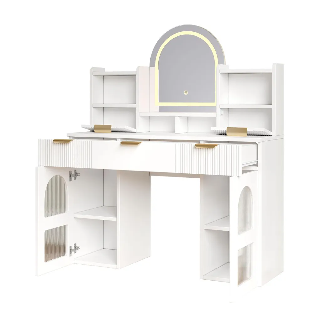 Coiffeuse avec miroir LED tactile, 3 tiroirs et vitrine, commode blanche - 11