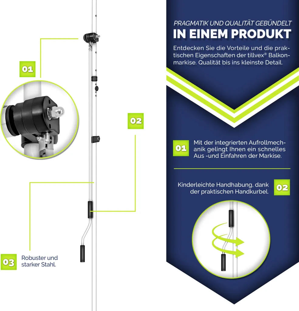 Tenda Parasole Balcone 250 cm tillvex Senza Trapano Luci LED - 5
