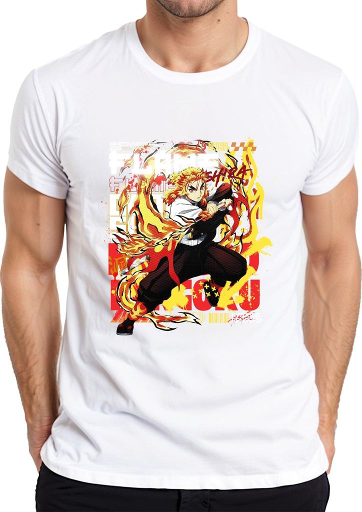 Kyojuro Rengoku Flammen Hashira Kimetsu no Yaiba Anime Geschenk Herren T-Shirt, Weiß, 3XL