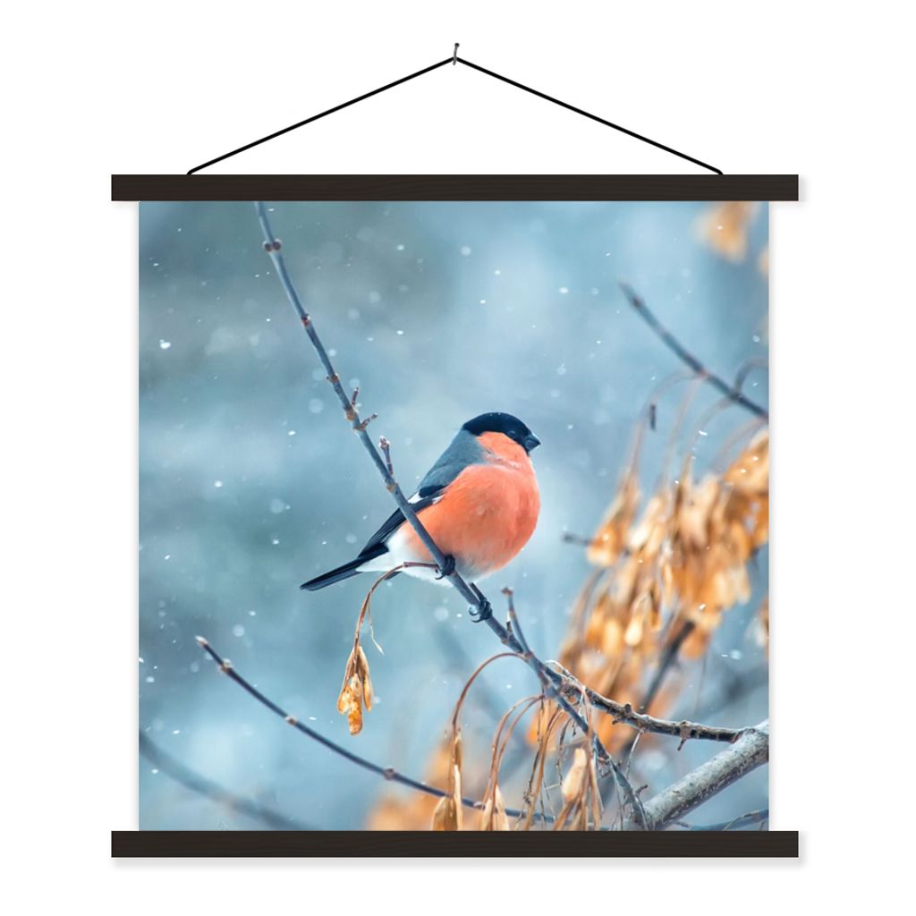 MuchoWow Textilposter Rotkehlchen - Vogel - Schnee - Herbstliche Blätter 120x120 cm mit schwarzem Rahmen - Aufhängungsset
