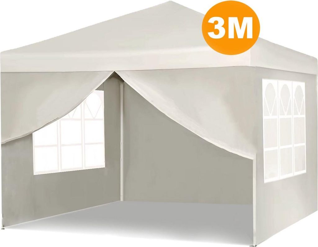 Happyment Partyzelt mit Seitenteilen – Beige – 3x3 m – Faltpavillon – Wasser- und UV-beständig – Höhenverstellbar