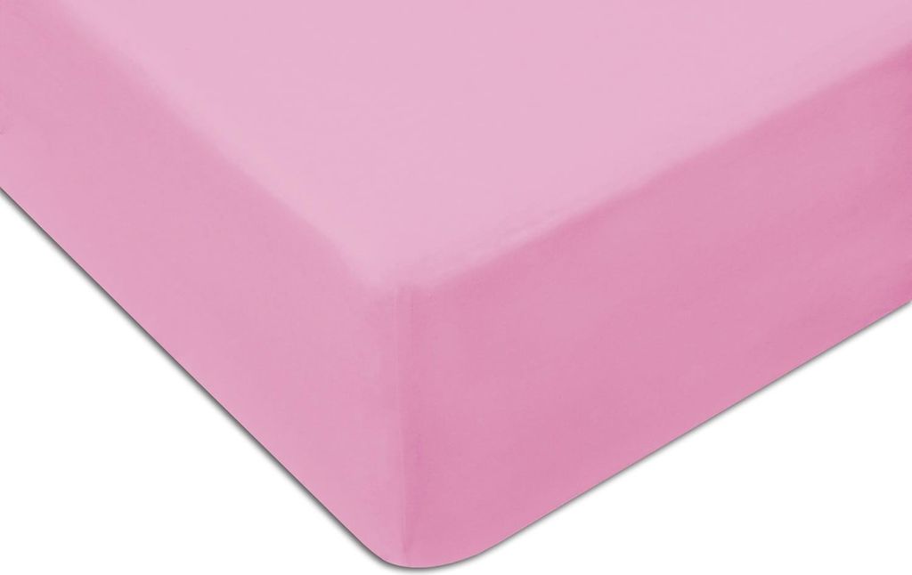 A close-up view of a pink fitted sheet, showing the texture and corner.