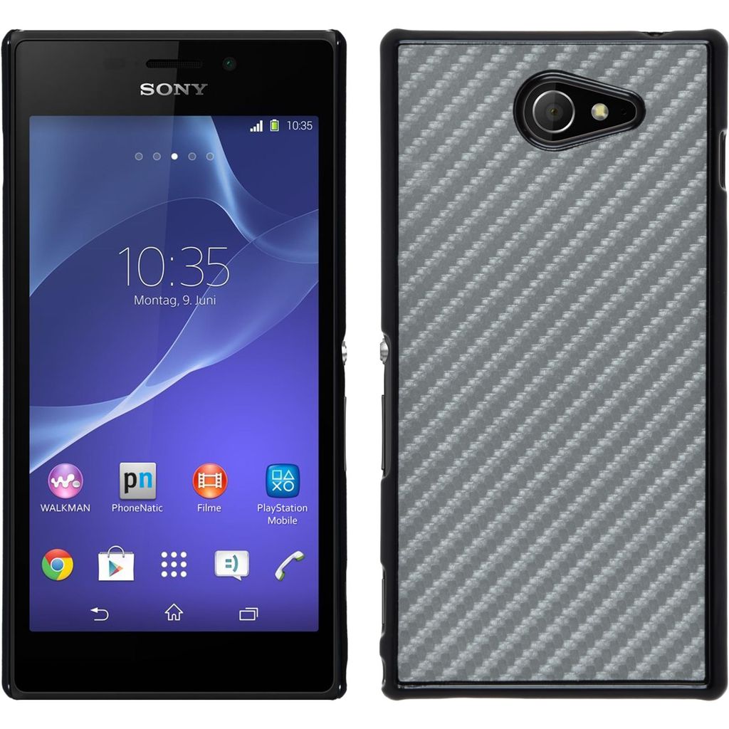 PhoneNatic Case kompatibel mit Sony Xperia M2 - Hülle silber Carbonoptik Hard-case + 2 Schutzfolien