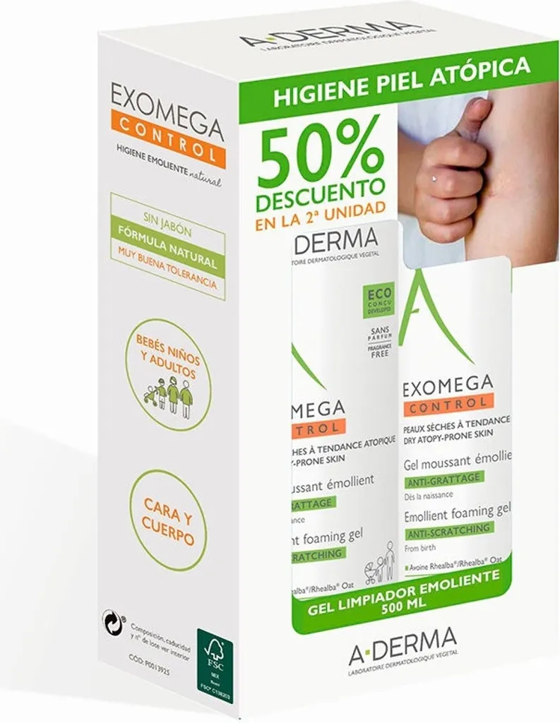 Gel Moussant A-Derma Exomega Control : Stop aux Démangeaisons 2x500ml