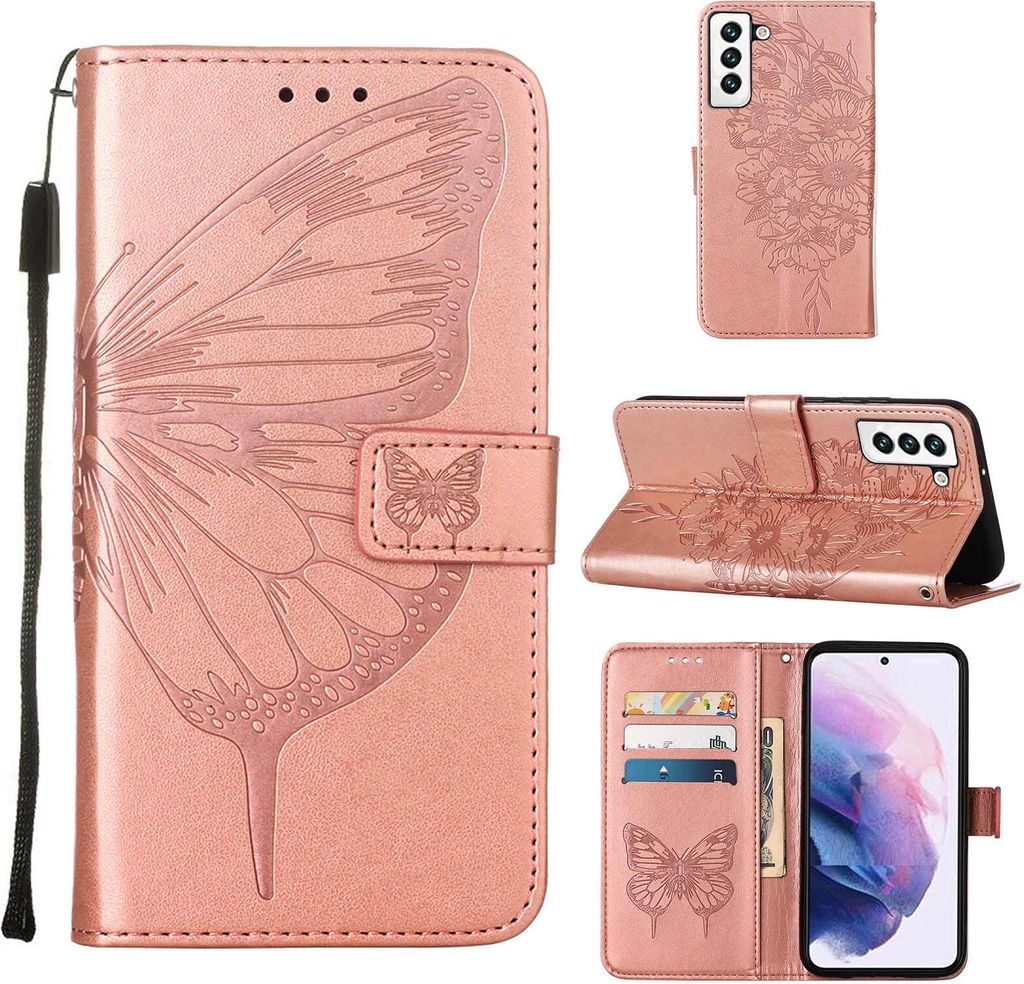 Galaxy S23 Hülle, Schmetterling Prägung Flip Leder Kartenfächer Schutzhülle Ledertasche mit Ständer für Samsung Galaxy S23 Roségold