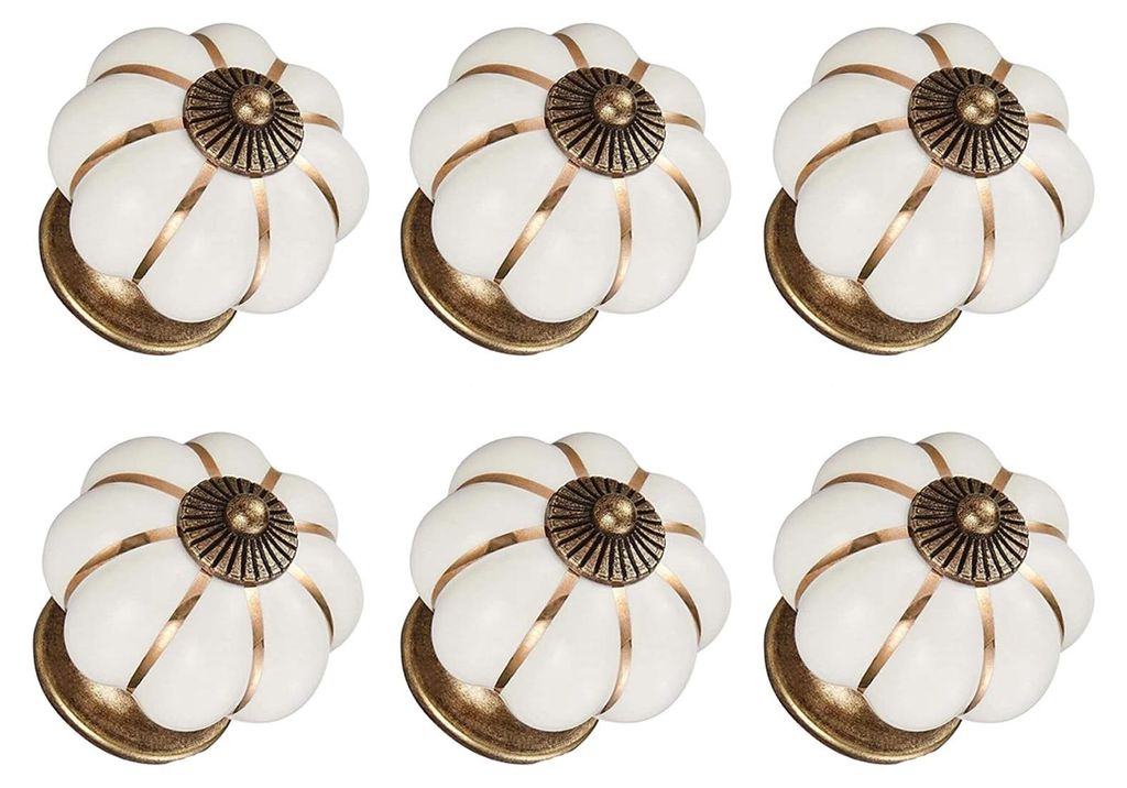 6 kürbisförmige Keramik-Möbelknöpfe, weiß, im Vintage-Stil, inklusive Schrauben und Unterlegscheiben für Kleiderschränke und Wohnaccessoires...