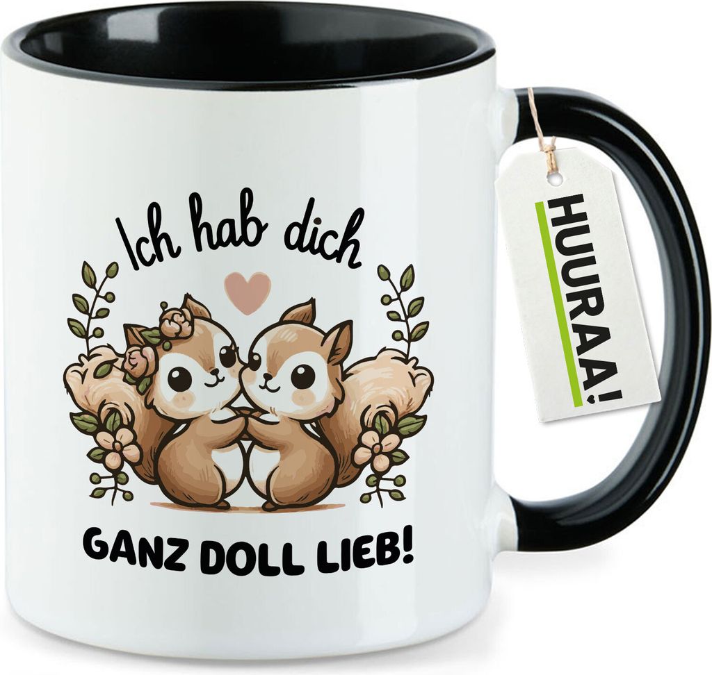 Huuraa Kaffeetasse Ich hab dich ganz doll lieb Einchhörnchen Geschenk 330ml Schwarz Ich hab dich ganz doll lieb Präsent