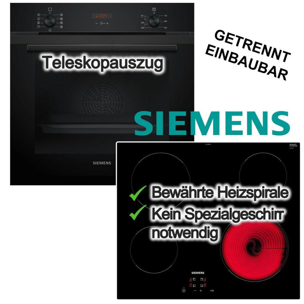 Herdset SIEMENS Einbaubackofen 3DHeißluft Hydrolyse Teleskopauszug + Elektrokochfeld 4 Zonen
