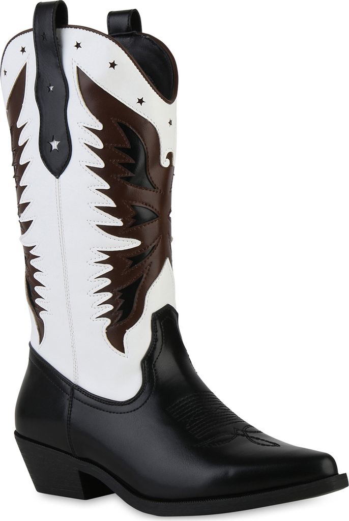 VAN HILL Damen Cowboystiefel Stiefel Spitze Western Schuhe 841113, Farbe: Schwarz Weiß, Größe: 37