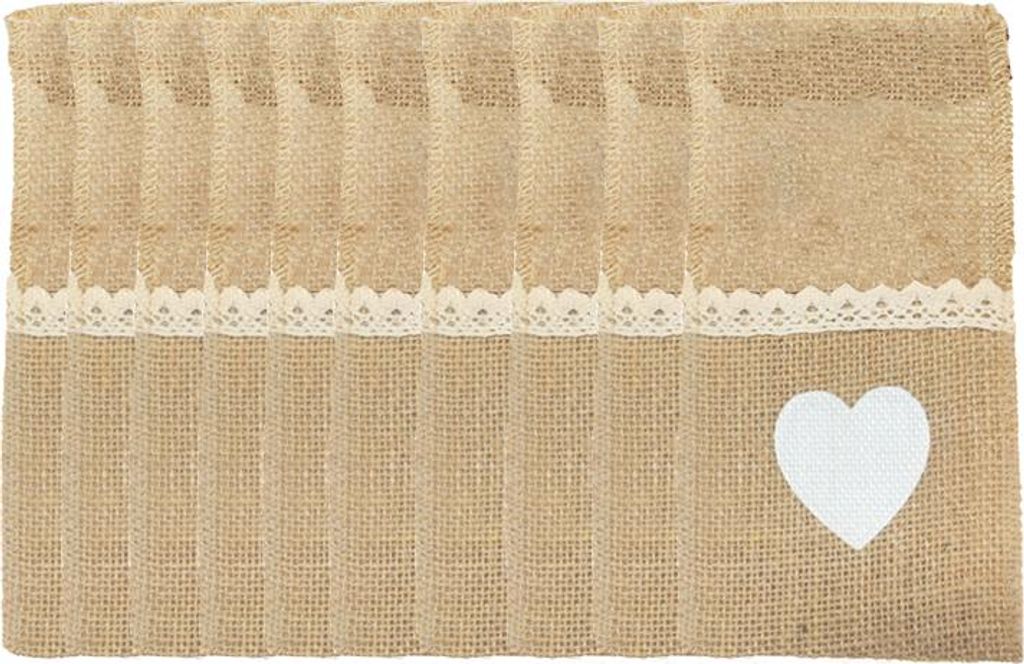 INF 10er Set Jute Besteckhalter - Weißes Herz für Weihnachten & Hochzeit