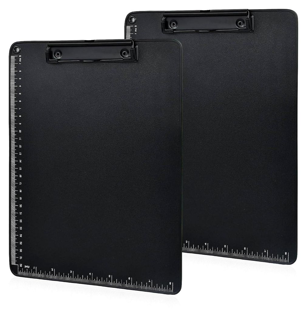 2 Stück Metall Klemmbrett A4 Schwarz, 22,6 x 31,6 cm Hartfaser Schreibbrett mit Skala, Zwischenablage mit Aufhängeöse, Mappe Clipboard mit gummi...