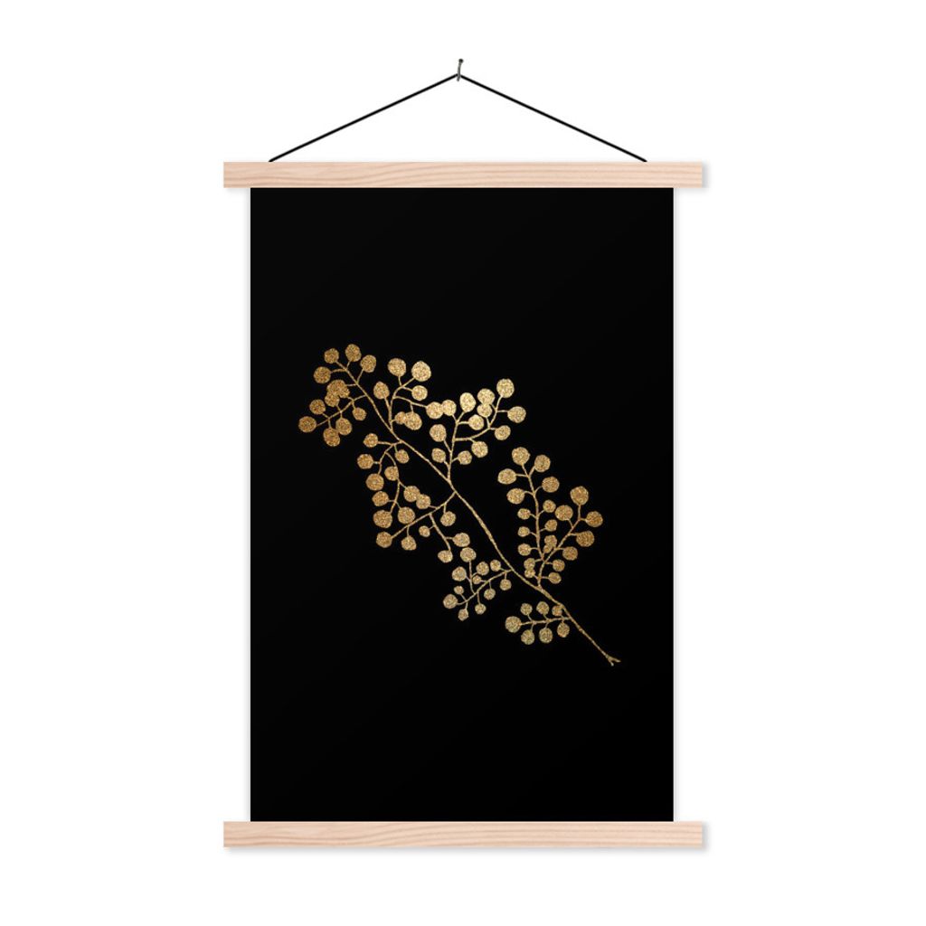 MuchoWow Textilposter Gold - Blätter - Zweig 40x60 cm mit holzfarbenen Rahmen - Poster