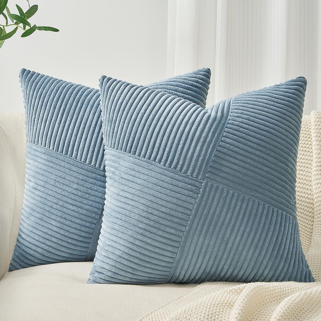 Set mit 2 Kissenbezügen (60 x 60 cm), hellblauer Cord mit Windmühlenstreifenmuster, Dekokissen, Sofakissen, Patchwork-Design, Dekoration für Woh...