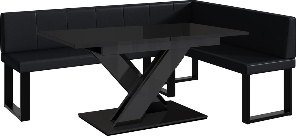 MEBLINI Eckbank für Esszimmer mit ausziehbarem Tisch - Küchenbank - Essecke - Sitzecke Küche - PETER - U-Beine 142x196x87cm Rechts - Schwarz Kun...