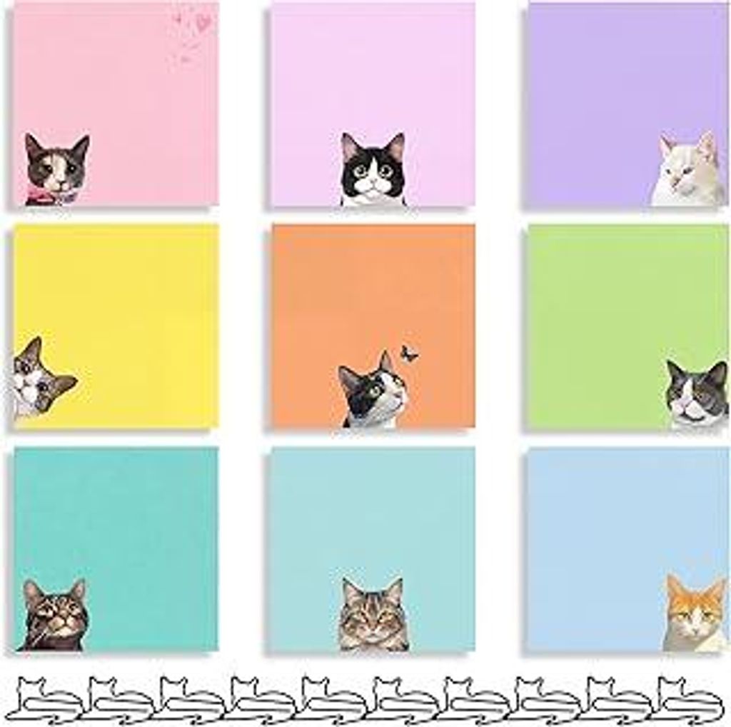 9 Blöcke Katze Haftnotizen Set, Bunte Katze Klebezettel Lustig mit 10pcs Katzen Büroklammern, Haftnotizen Lustig für Büro, Schule, Zuhause, Not...