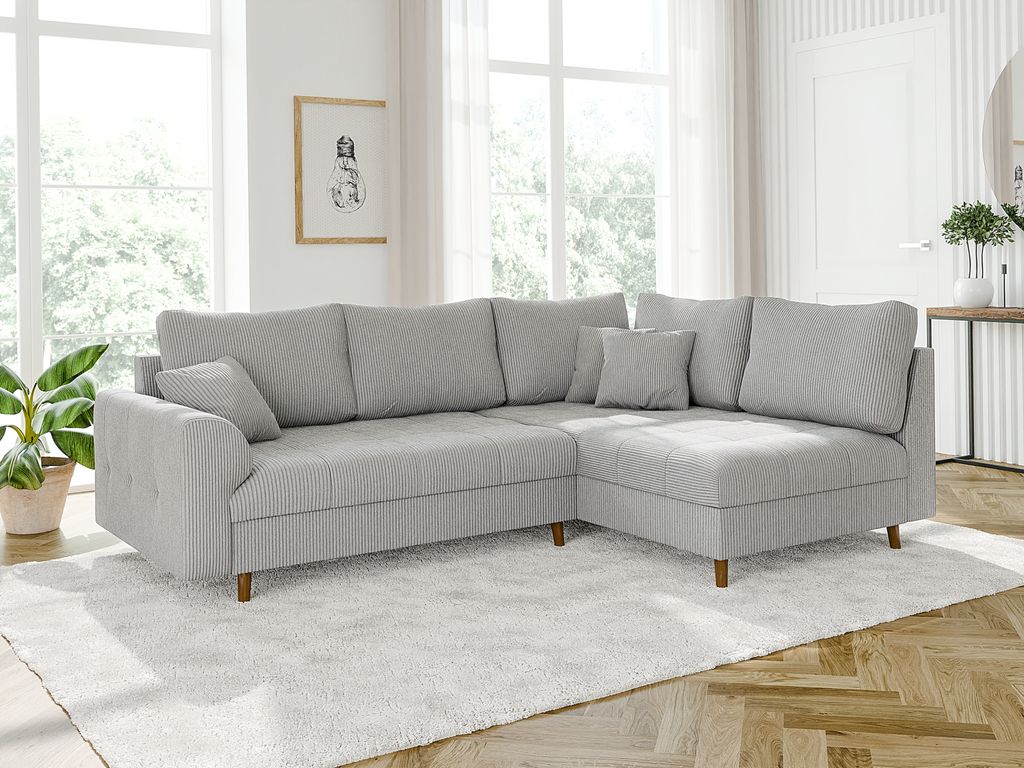 S-STYLE MÖBEL - Kai - Ecksofa mit Braun Holzfüßen im skandinavischen Stil aus Hellgrau Cord-Stoff, Ottomane rechts