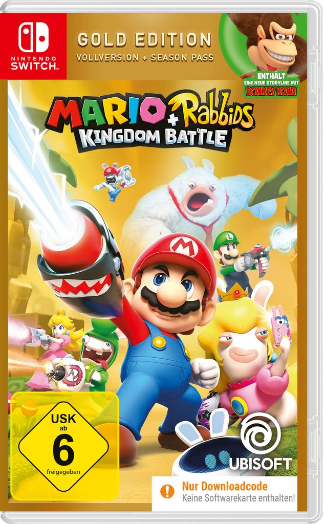 The image shows the front cover of the Mario & Rabbids Kingdom Battle Gold Edition game for Nintendo Switch.
