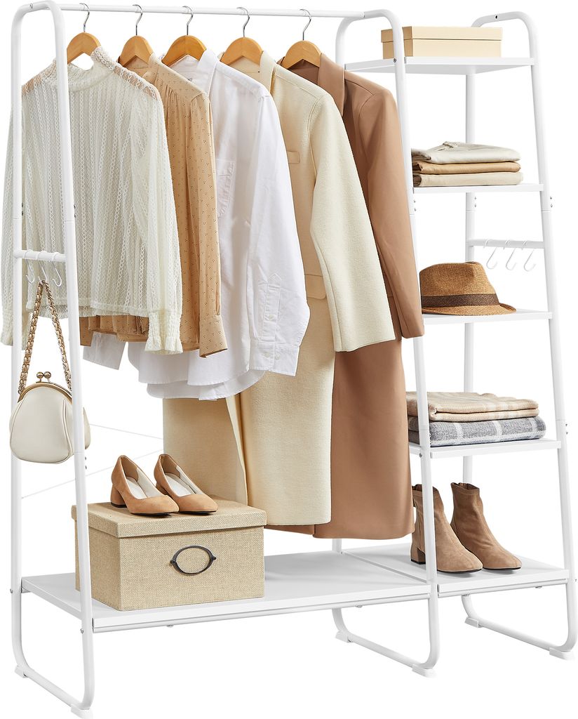 A white metal garment rack with clothes, shoes, and accessories displayed on it.