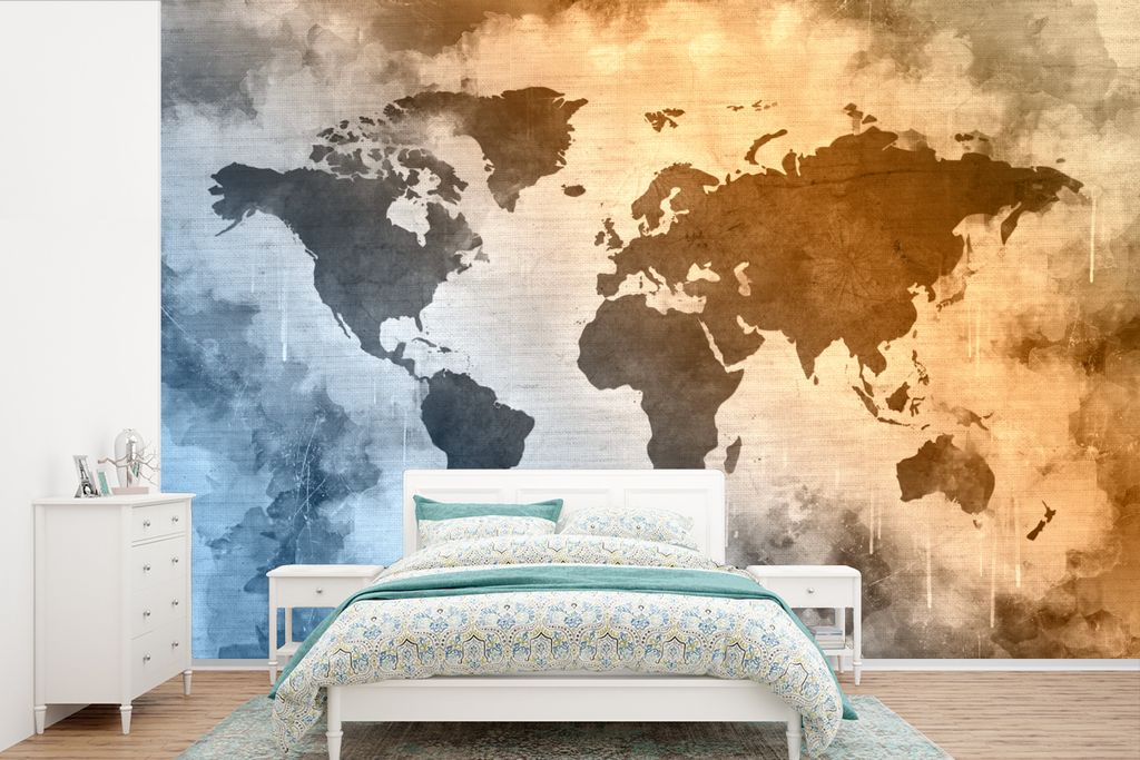 MuchoWow Fototapete für Wohnzimmer oder Schlafzimmer Wandtapete Vinyl Motivtapete Weltkarte - Farben - Abstrakt - 420x280 cm - Zimmer für Kinder