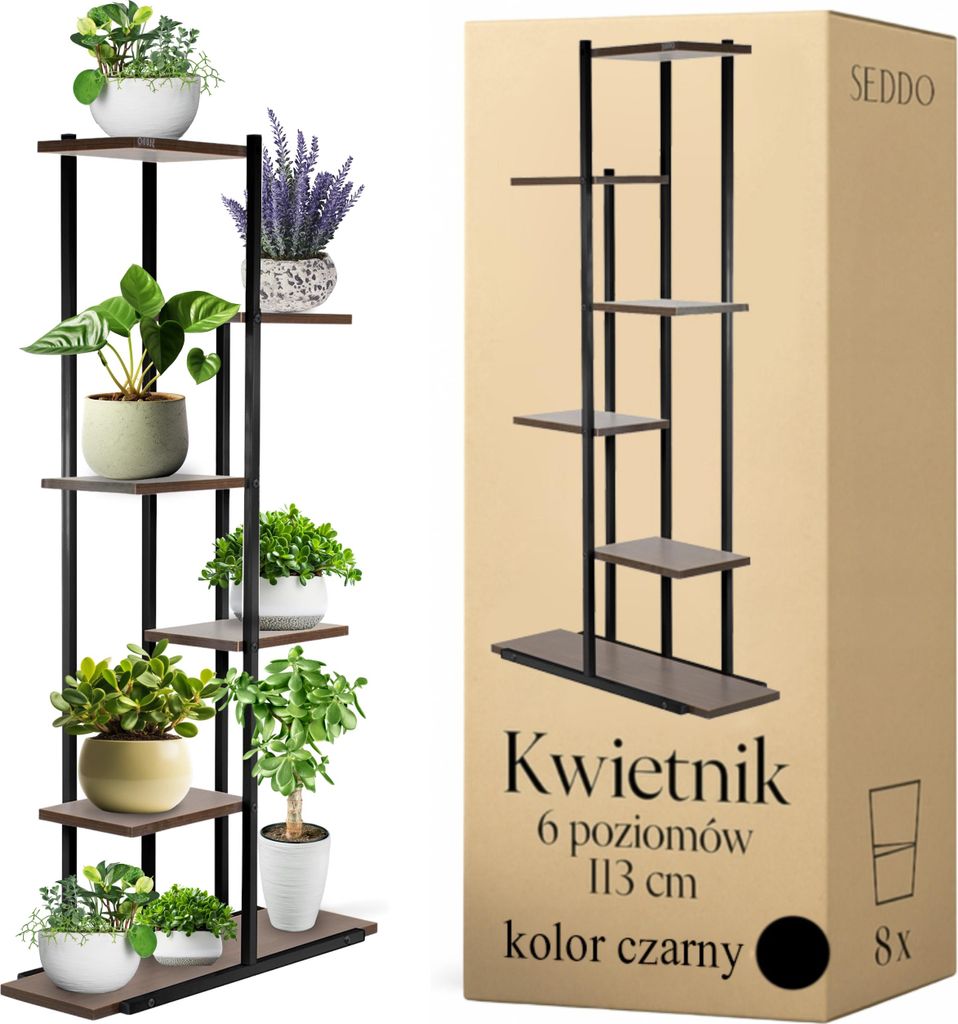 Portafiori in metallo, 6 ripiani, nero, moderno, 113 cm, Immagine del prodotto 
