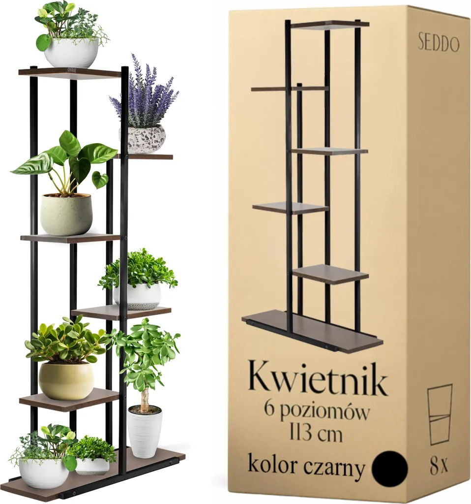 Présentoir à fleurs en métal noir Loft de 113cm avec 6 étagères robustes