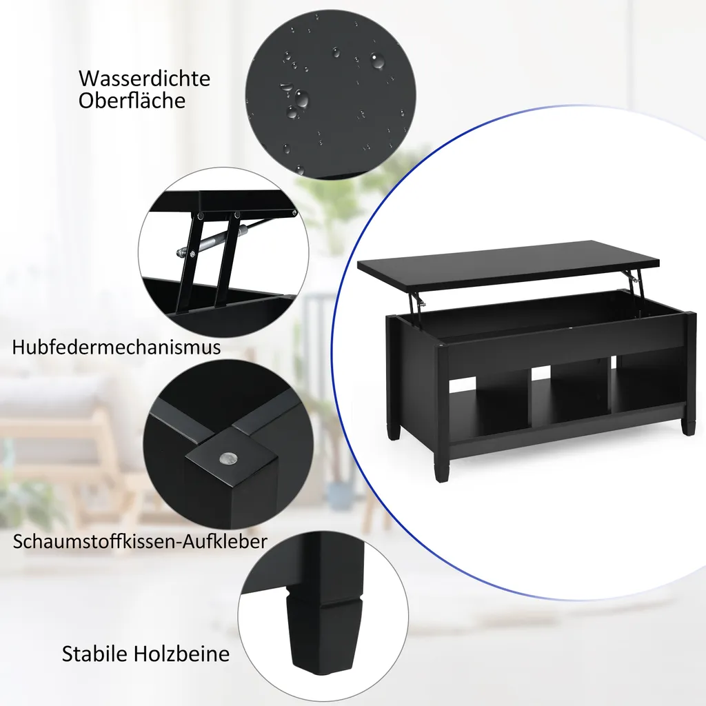 COSTWAY Table Basse Noir avec Plateau Relevable et Compartiment Intégré - 5