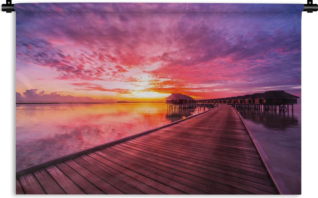 MuchoWow Wandteppich Wandbehang Steg - Wasser - Sonne - Rosa - Horizont 120x80 cm Tapisserie Dekoration Wandtuch - Wanddekorationen - Wandtücher