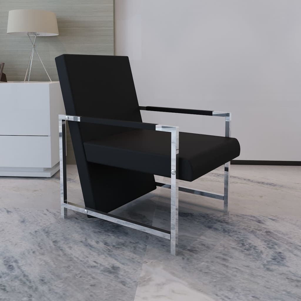 The Living Store Sessel mit verchromten Füßen Schwarz Kunstleder
