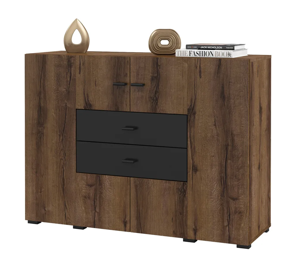 Commode combinée NIKOL chêne monastère et onyx noir - Style Loft