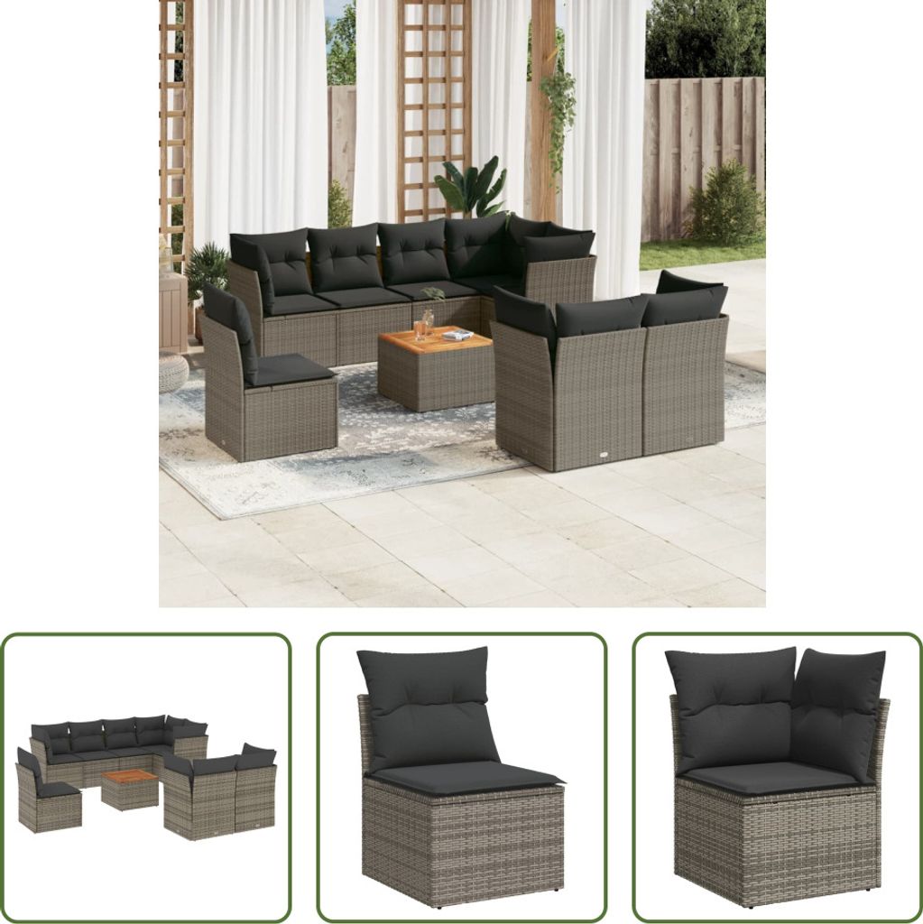 The Living Store 9-tlg. Garten-Sofagarnitur mit Kissen Grau Poly Rattan