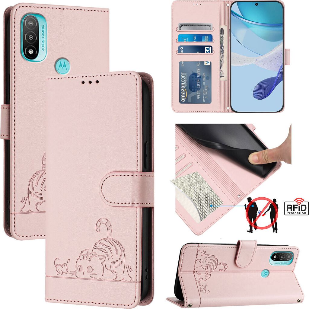 Leder Hülle für Motorola Moto E20/Moto E30/Moto E40 Süße Katze Flip Case Brieftasche Schutzhülle mit Standfunktion Pink