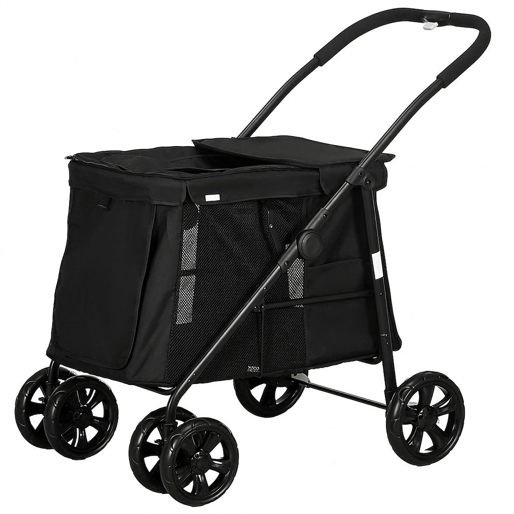 Hundebuggy klappbar, 3 Taschen, 4 Räder mit Bremse, 102x62x105 cm, Schwarz