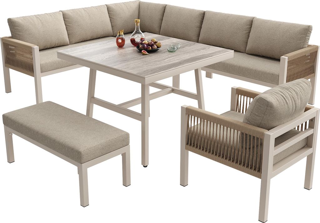 L-Form Garten-Sofa für bis zu 8 Personen / Robuster Eisengestell mit grauen Polstern / Inkl. 1 Tisch mit Marmor-Glasplatte und 2 Sesseln