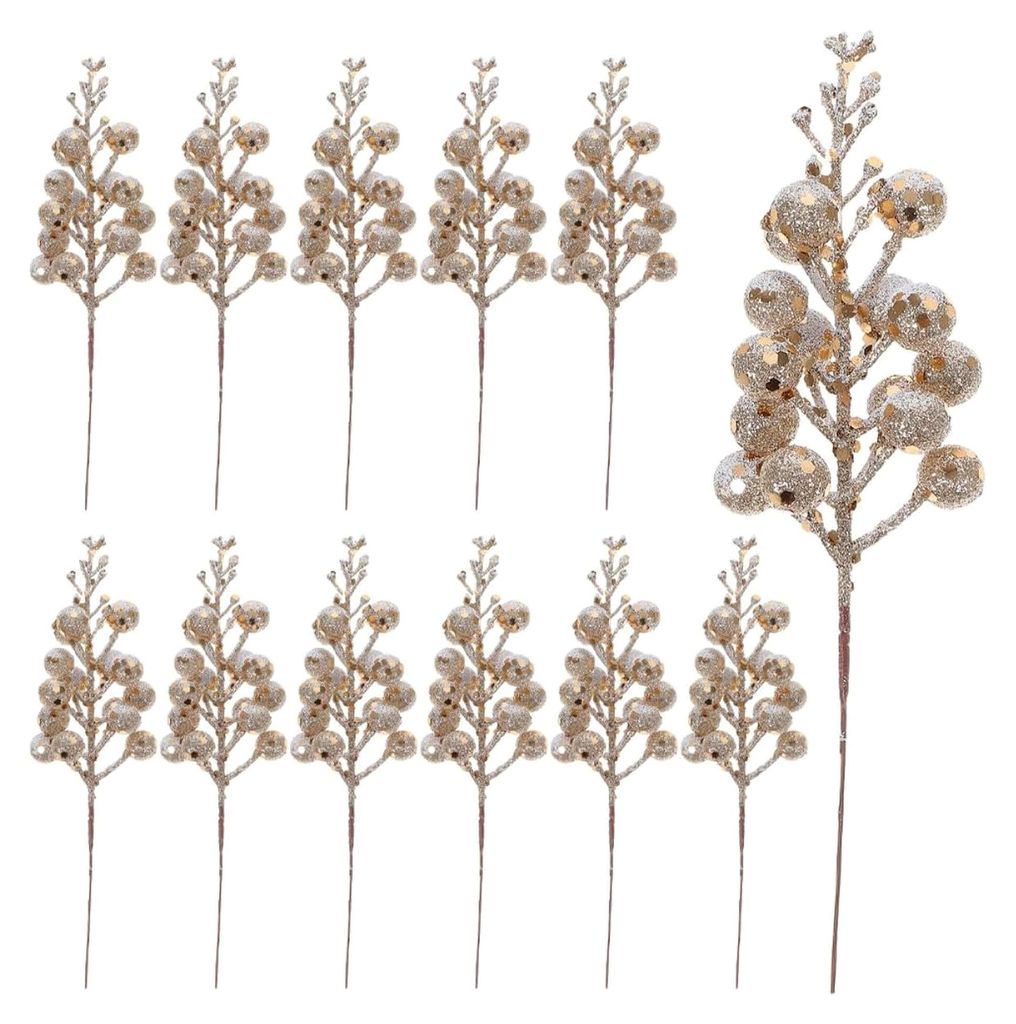 12 Stück Künstliche Beerenstiele aus Schaumstoff für Weihnachtsdekoration mit Glitzereffekt