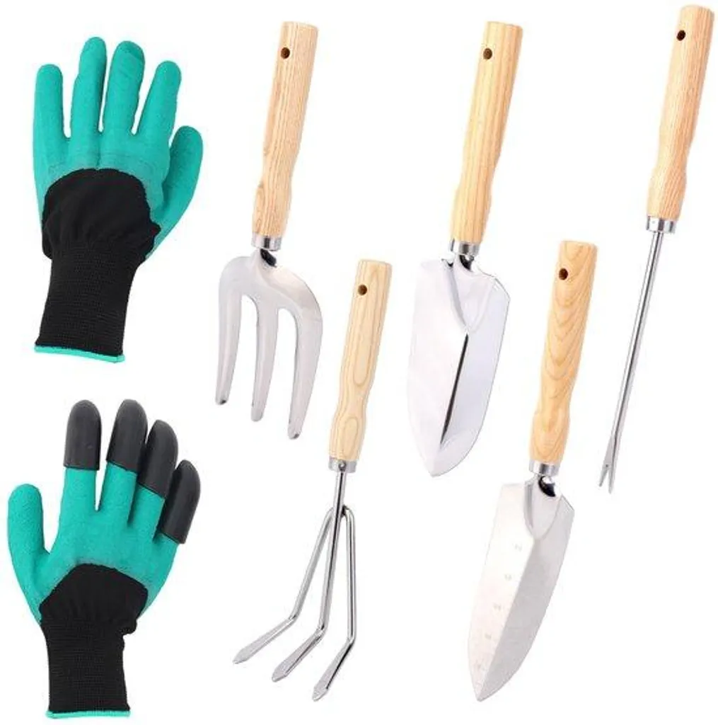 Set de jardinage manuel robuste 5 pièces bois et inox avec gants inclus