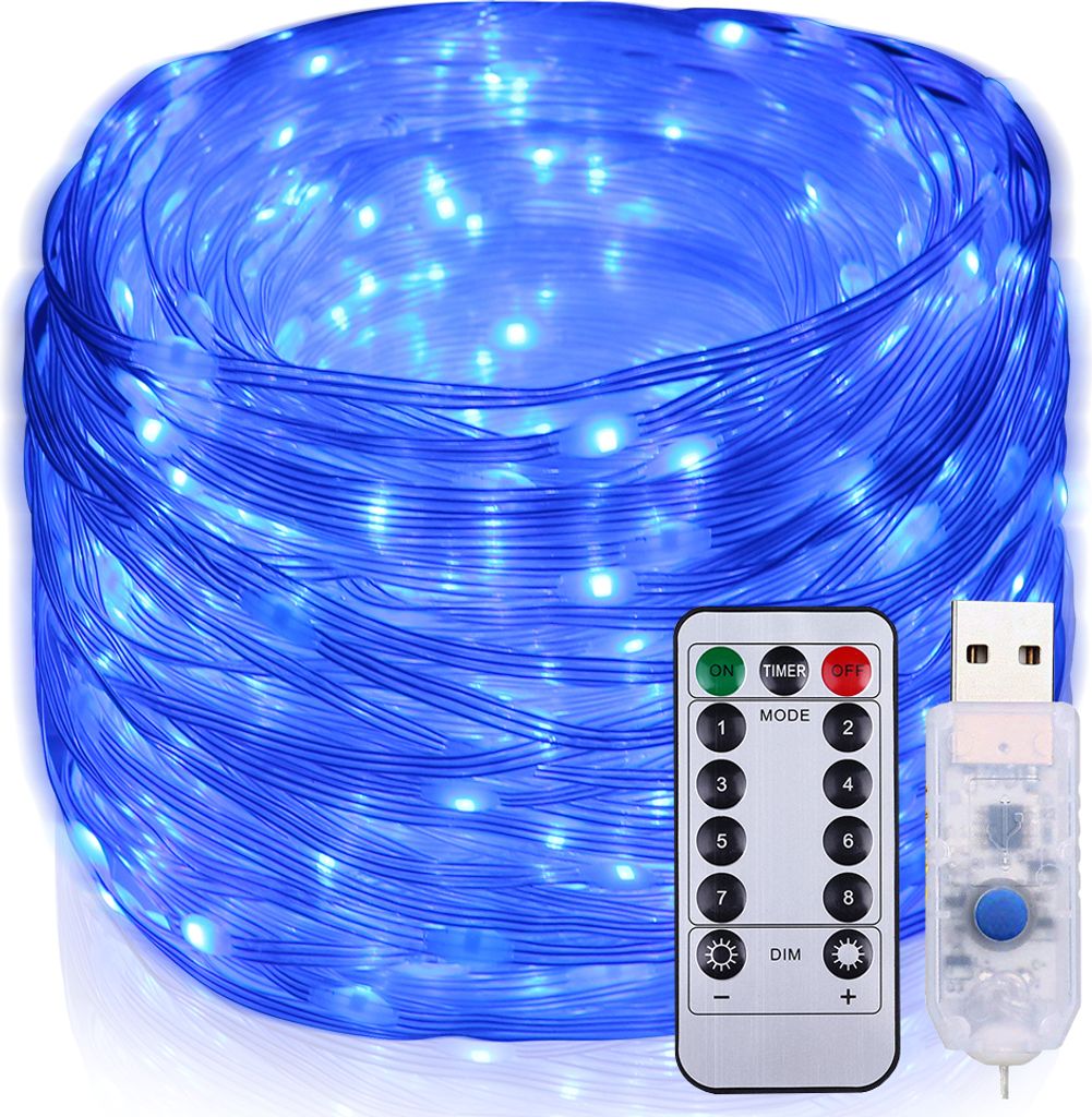 A coiled string of blue LED lights with a remote control and USB connector.